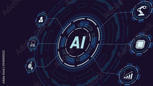 Futuristic artificial intelligence background featuring circuits, robotic icons, and digital tech layout for innovation and technology presentations