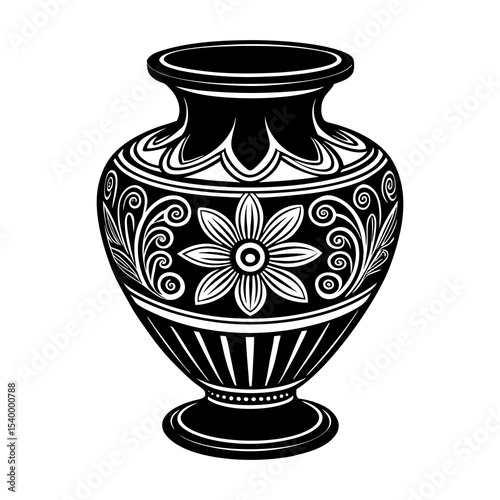 Vector drawing of ornate black and white vase with floral design and decorative elements isolated