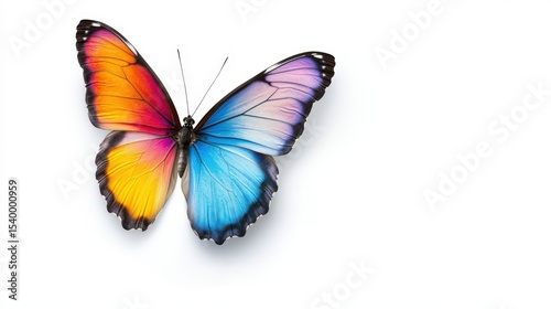 A vibrant butterfly in mid-flight, white isolated background, copyspace