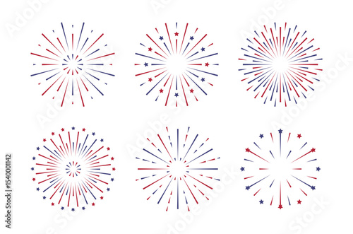 Firework icon set for American independence day, new year element for poster banner card. Christmas sparkler confetti, firecracker minimal decoration. Simple explosion icons.