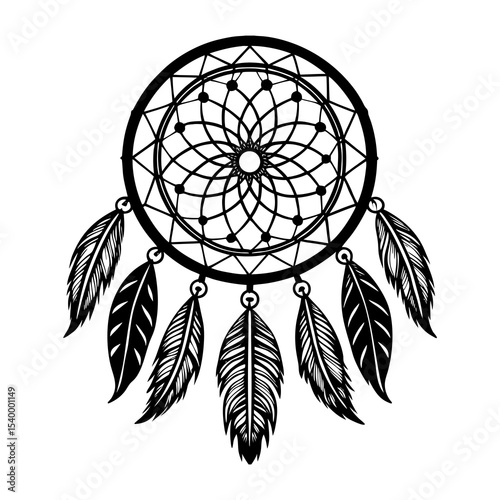 Dreamcatcher vector illustration, native american dream catcher with feathers and intricate web design drawing