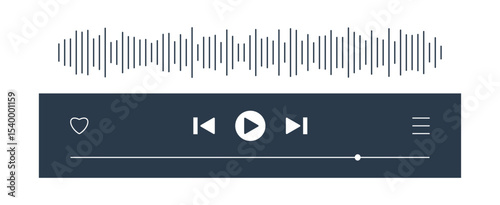 Music or video play bar with song radio wave. Audio player for music or podcast playlist. Play skip heart menu button. Dark theme. Vector illustration.