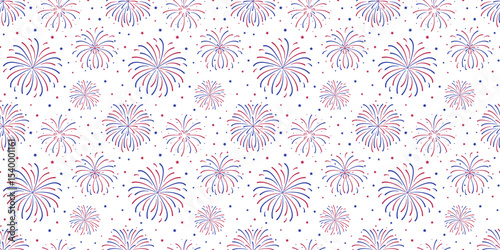 Fireworks seamless pattern. USA flag color Red, white, and blue explosion background. American Independence Day, New Year endless banner, wallpaper.
