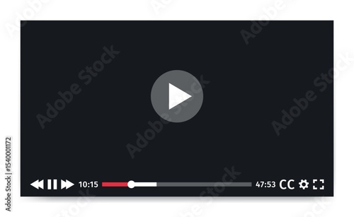 Video Player Screen template. Social media, web, mobile Interface mockup ui ux. Media app display. Playback software design in dark theme and flat style. Simple Multimedia viewer access