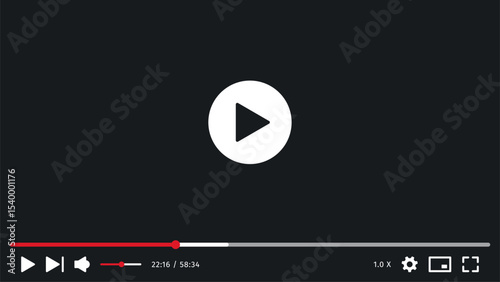 Video player mockup display. Screen Template interface. Social media concept, Website video display. Dark theme.