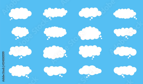 White Cloud Speech Bubble set. Talk fluffy text box. Blank chatting, message border. Empty flat style shapes on blue background.
