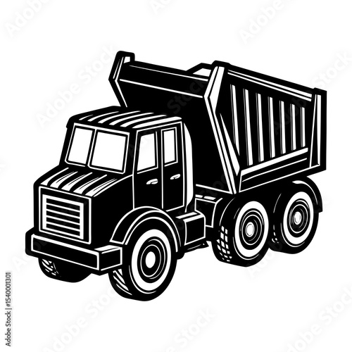 Illustration of a black and white dump truck construction vehicle for building and demolition projects
