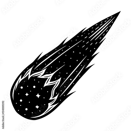 Black and white vector illustration of a falling comet, space object, meteorite, astronomy concept art