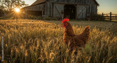 A chicken standing in a field of wheat with a barn and sunset in the background on a farm scene