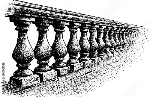 Vintage engraved, dotwork stone balustrade design for architectural decor and print vector illustration