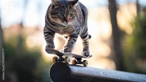 Cat on the skateboard.  Created with AI.