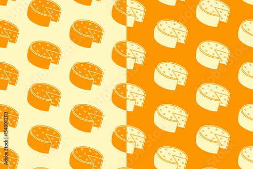 Cheese wedges silhouette seamless pattern on yellow white background. Cheese glyph doodle pattern background. Cheddar retro filled isolated motif wallpaper. foods label, packaging and merchandise