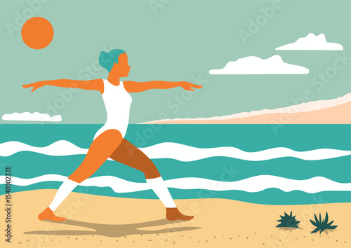 Woman performing yoga warrior pose on a sunny beach by the ocean. Wellness activity for health and fitness.