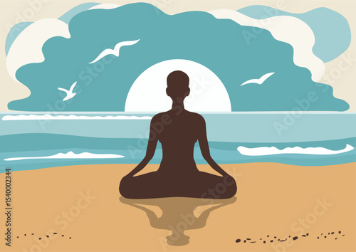 Person practicing yoga meditation in lotus pose on beach. Silhouette of figure sitting by sea with ocean waves and sunset or sunrise.