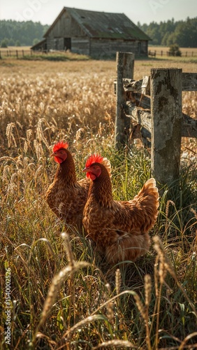 Two brown chickens standing in tall grass near a weathered barn on a sunny day in the countryside