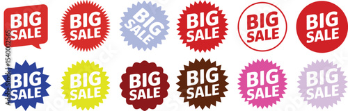 A collection of six red big sale stickers in various shapes on a white background for advertising use
