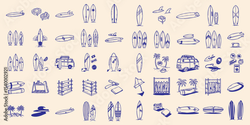 Hand Drawn Summer Surfboard and Tropical Beach Icon Set – Vector Doodle Style Ocean Elements, Van, Boards, Palms, and Vacation Accessories Collection

