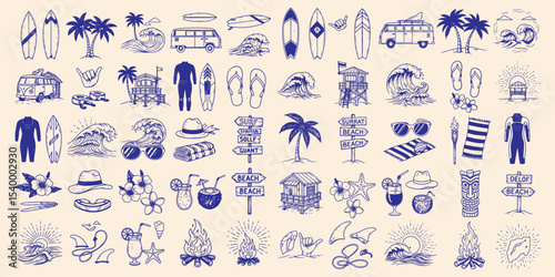Summer Surf Set with Hand Drawn Tropical Vacation Elements – Palm Trees, Surfboards, Waves, Vans, Beach Huts, Signs, and Summer Accessories – Vintage Exotic Island Line Art for Logos and Prints

