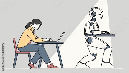 In a modern workspace, a human and a robotic figure sit side by side, each focused intently on their laptops, This moment illustrates the harmony between human effort and AI assistance in daily tasks 