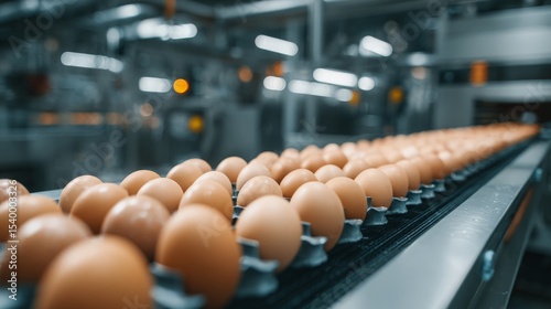 brown eggs in cartons on factory conveyor, poultry farming and food production

