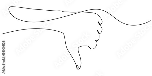 Thumb down in one continuous line. Symbol of evil. Negative gesture showing dislike in a one-line style. Vector editable stroke, Vector continuous one single line drawing icon of hand thumb down.