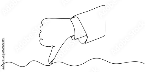 Thumb down in one continuous line. Symbol of evil. Negative gesture showing dislike in a one-line style. Vector editable stroke, Vector continuous one single line drawing icon of hand thumb down.