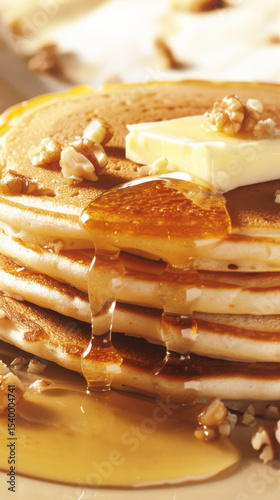 Close up of a warm cascade of syrup over buttery pancakes, syrup mid-pour, butter just starting to melt