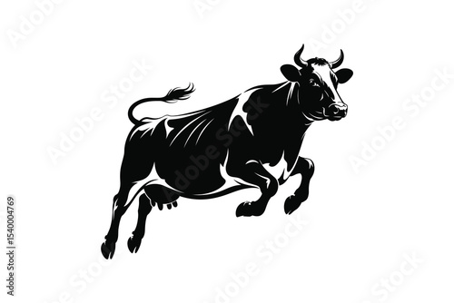 Bold Leaping Bull Black and White Vector Illustration – Dynamic Animal Silhouette for Logos, Agriculture, or Sports Branding