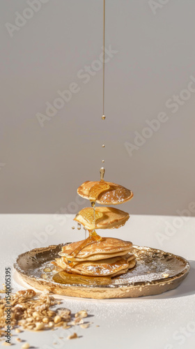 pancakes hanging in the air. A warm cascade of syrup over buttery pancakes, syrup mid-pour, butter just starting to melt