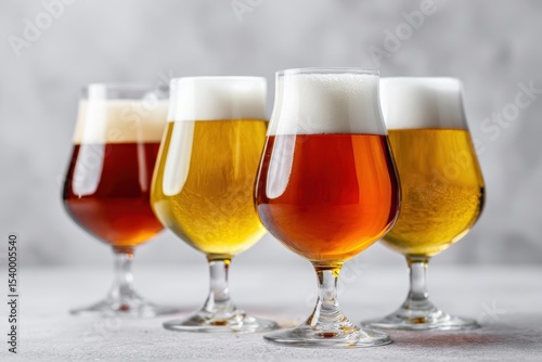 Close-up of a craft beer flight in elegant glasses, highlighting diverse colors, clarity, and foam for a premium tasting experience.