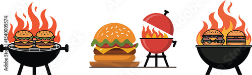 A cartoon illustration of a burger and a grill with flames on a light beige background color image