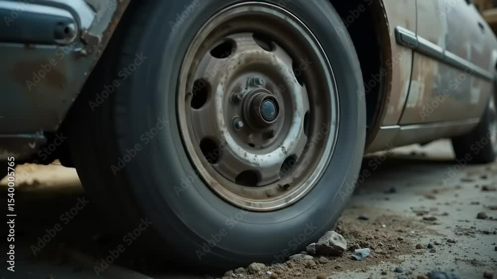 Rusty car tire with closeup, and dirt road.