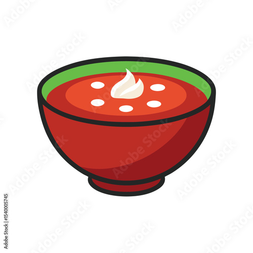 Borscht soup bowl served with sour cream in traditional style Vector illustration