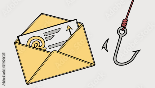   A yellow envelope hangs precariously from a fishing hook, symbolizing the lure of phishing emails, An empty space hints at the deceitful message waiting to ensnare unsuspecting victims 
