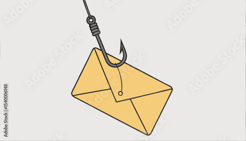   A yellow envelope hangs precariously from a fishing hook, symbolizing the lure of phishing emails, An empty space hints at the deceitful message waiting to ensnare unsuspecting victims 