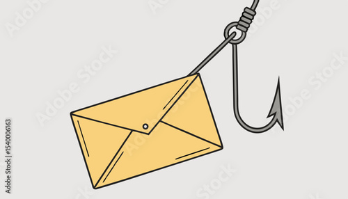  A yellow envelope hangs precariously from a fishing hook, symbolizing the lure of phishing emails, An empty space hints at the deceitful message waiting to ensnare unsuspecting victims 