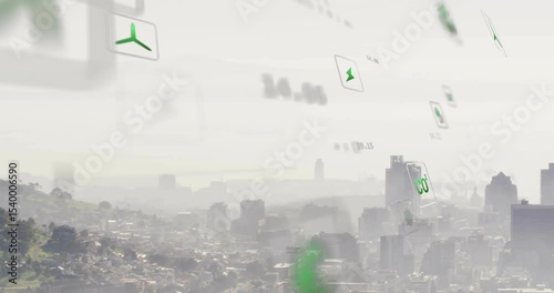 Green swirl and power-on icons appearing above hazy skyline rotating symbols showing energy flow