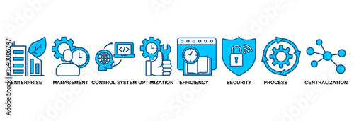 Industrial control system icon set vector illustration concept with icon of enterprise, management, control system, optimization, efficiency, security, process, centralization