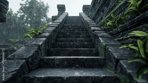 Moss-covered stone stairs ascend beside a weathered wall with plants, under a rainy, overcast sky in a natural, serene outdoor setting.