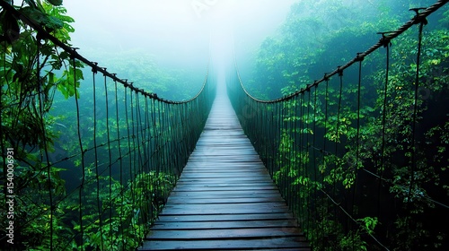 A misty suspension bridge stretches into a lush, green jungle, creating a mysterious and adventurous atmosphere.