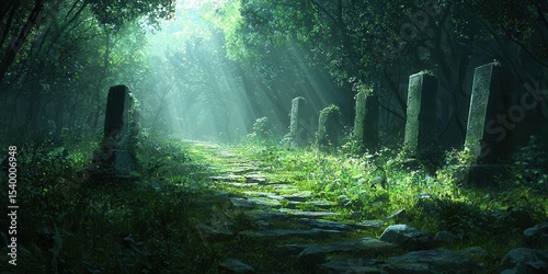 A mystical sunlit forest path lined with ancient stone pillars, surrounded by dense greenery and bathed in ethereal light.