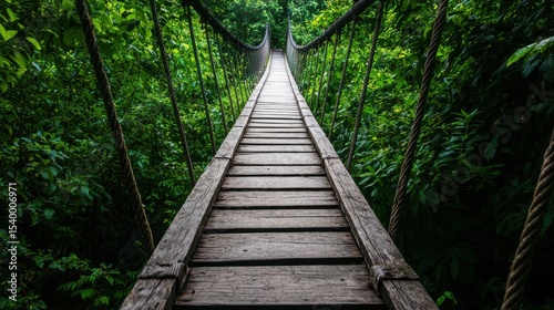 A wooden suspension bridge stretches through dense, vibrant green rainforest foliage, inviting adventure and exploration.