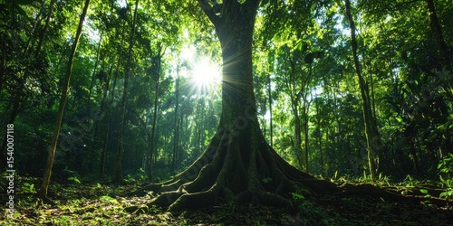 Sunlight filters through dense forest foliage, illuminating a large tree with sprawling roots in a lush, green environment.