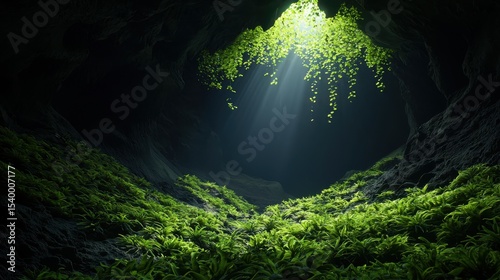 Sunlight streams through a cave opening, illuminating lush green foliage inside a dark, mysterious cavern filled with vibrant plants.