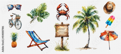Watercolor Summer Beach Elements, Tropical Vacation Art  Watercolor featuring tropical icons palm trees, crabs, and beach chairs