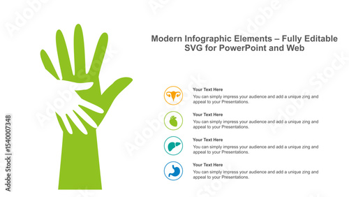 A modern medical infographic featuring two overlapping hands in green and white, symbolizing care and support.