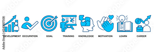 New skills icon set vector illustration concept with icon of development, occupation, goal, training, knowledge, motivation, learn and career