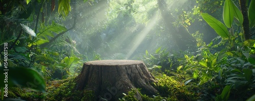 A sunlit tree stump surrounded by dense green foliage in a serene forest setting with rays of light filtering through the canopy.