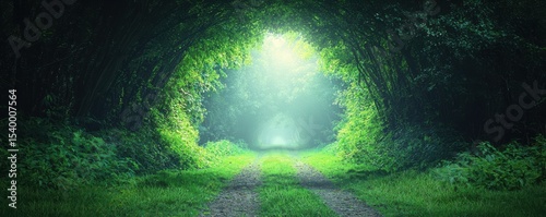 A serene forest path surrounded by lush green foliage forms a natural tunnel illuminated by soft, ethereal light from above.