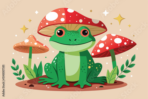 Cute Frog with Mushroom Hat and Toadstools in a Forest Scene